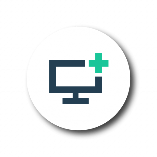 Computer repair icon. PC with plus sign. Tech support symbol.